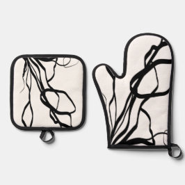 Bouquet Blanc:抽象芸術ホワイト&ブラック 鍋つかみ&鍋敷きセット