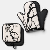 Bouquet Blanc:抽象芸術ホワイト&ブラック 鍋つかみ&鍋敷きセット (正面/裏面)