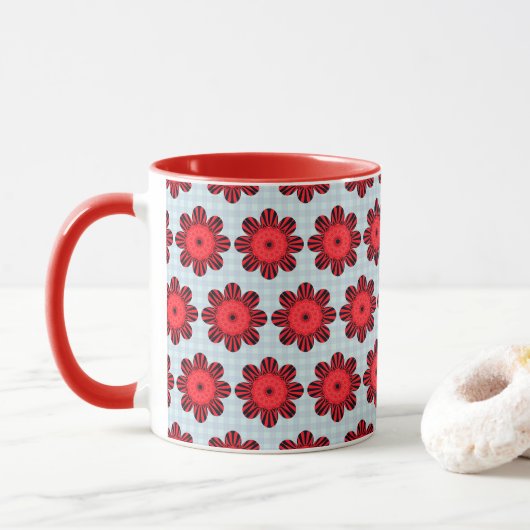Bouquet floral abstrait rouge vif et noir マグカップ (ドーナツ)