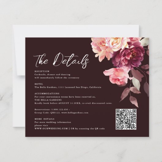 Bouquet Floral Burgundy QR code Details Wedding  (正面)