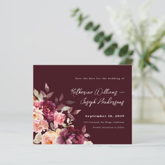 Bouquet Floral Burgundy Wedding Save the Date (スタンド正面)