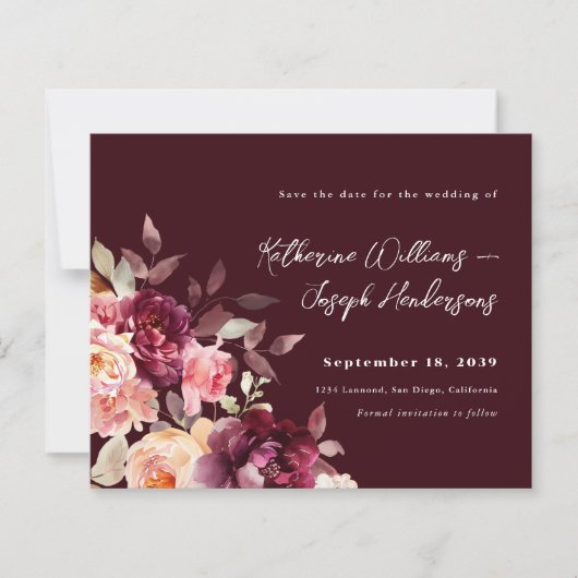 Bouquet Floral Burgundy Wedding Save the Date (正面)
