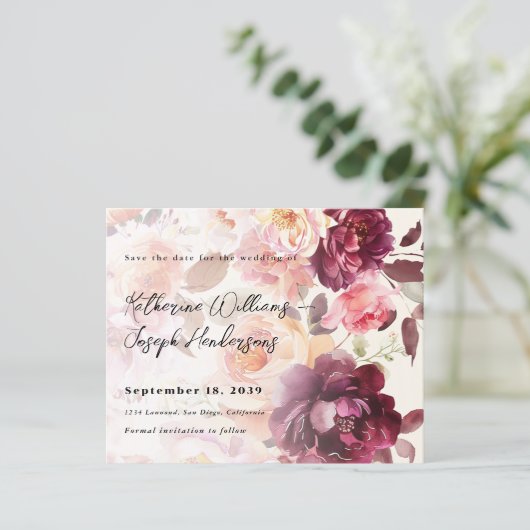 Bouquet Floral Burgundy Wedding Save the Date (スタンド正面)