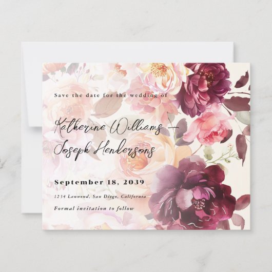Bouquet Floral Burgundy Wedding Save the Date (正面)
