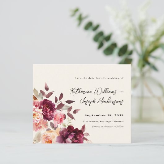Bouquet Floral Burgundy Wedding Save the Date (スタンド正面)