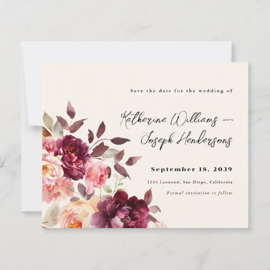 Bouquet Floral Burgundy Wedding Save the Date (正面)