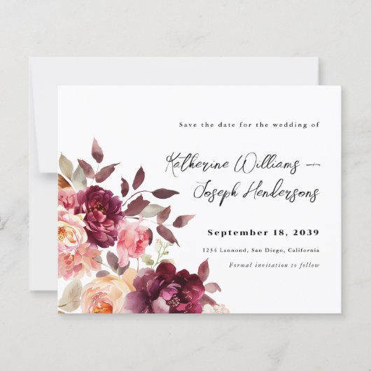Bouquet Floral Burgundy Wedding Save the Date (正面)