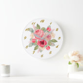 Bouquet of Pink Painted Roses and Gold Numbers  ラージ壁時計 (ホーム)
