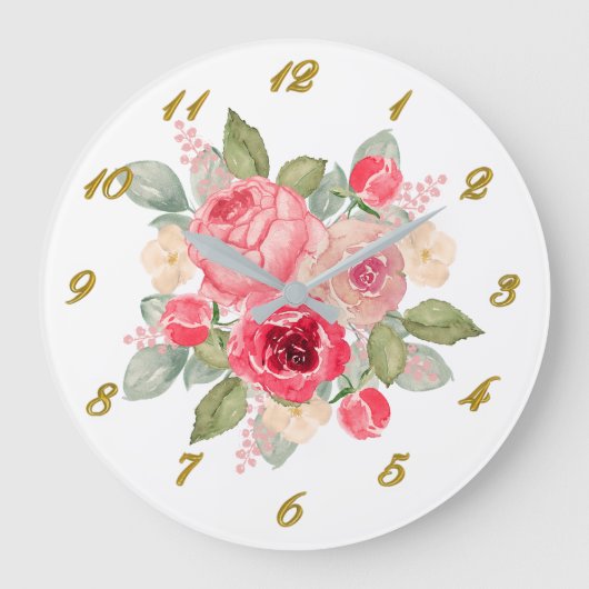 Bouquet of Pink Painted Roses and Gold Numbers  ラージ壁時計 (正面)