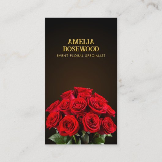 Bouquet Red Roses on Classy Dark Brown QRコード 名刺 (正面)
