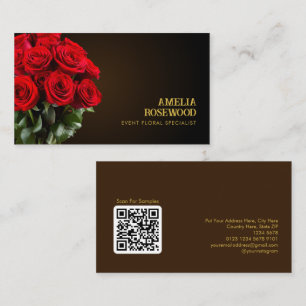 Bouquet Red Roses on Classy Dark Brown QRコード 名刺