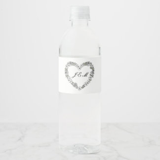 Bouteille d'eau mariage noir et blanc coeur floral ペットボトルラベル