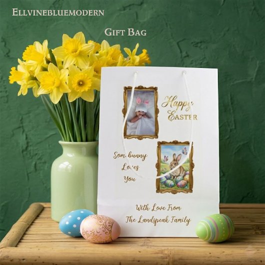 Boutique Gold Frame & Baby Photo Easter ミディアムペーパーバッグ