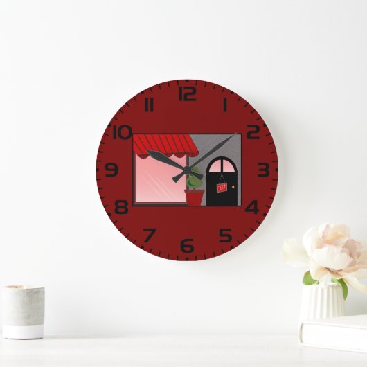 Boutique Storefront Red Black Topiary Open ラージ壁時計 (ホーム)