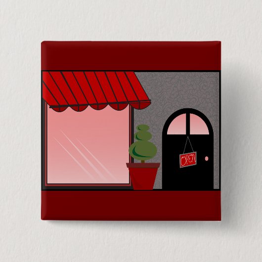 Boutique Storefront Red Black Topiary Open 缶バッジ (正面)