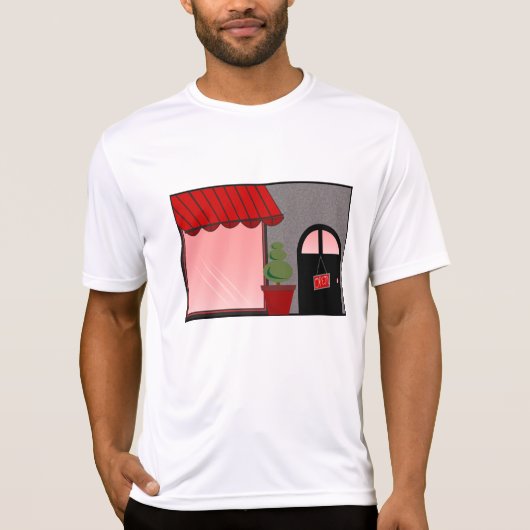 Boutique Storefront Red Black Topiary Open Tシャツ (正面)