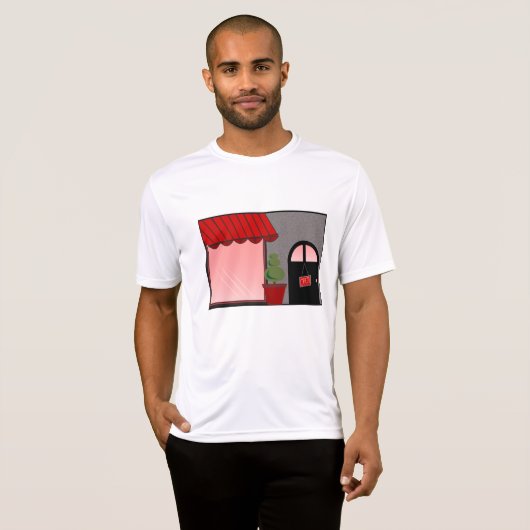 Boutique Storefront Red Black Topiary Open Tシャツ (正面フル)