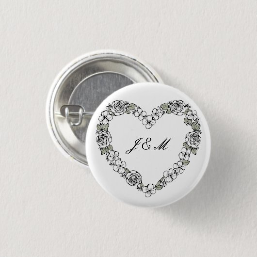 Bouton cadeau de mariage - coeur noir et blanc 缶バッジ (正面&裏面)