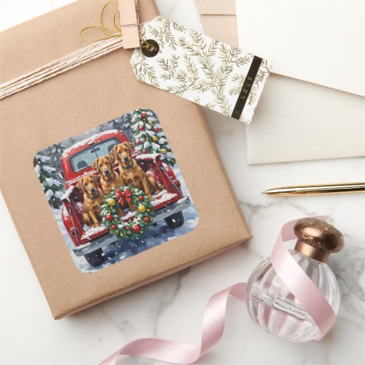 Bouvier des Flandres Christmas Red Truck Holiday スクエアシール (ギフト)