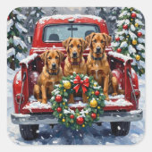 Bouvier des Flandres Christmas Red Truck Holiday スクエアシール (正面)
