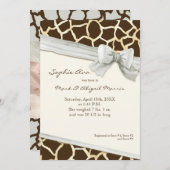 Bowベビーガールの写真にキリンのスキンパターンリボン 案内状 (正面/裏面)