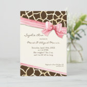 Bowベビーガールの写真にキリンのスキンパターンリボン 案内状 (スタンド正面)