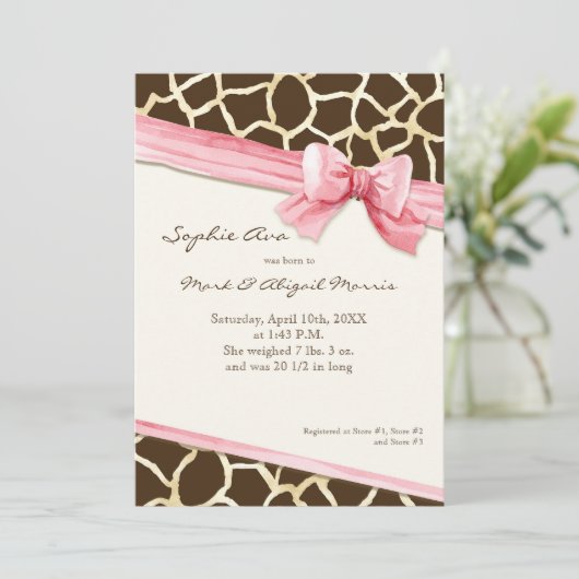 Bowベビーガールの写真にキリンのスキンパターンリボン 案内状 (スタンド正面)