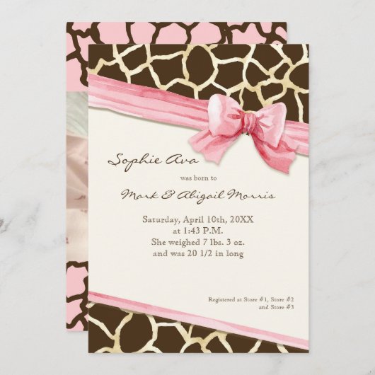 Bowベビーガールの写真にキリンのスキンパターンリボン 案内状 (正面/裏面)