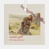 Bow素朴なクリスマスの写真の格子模様リボン ガラスオーナメント (裏面)