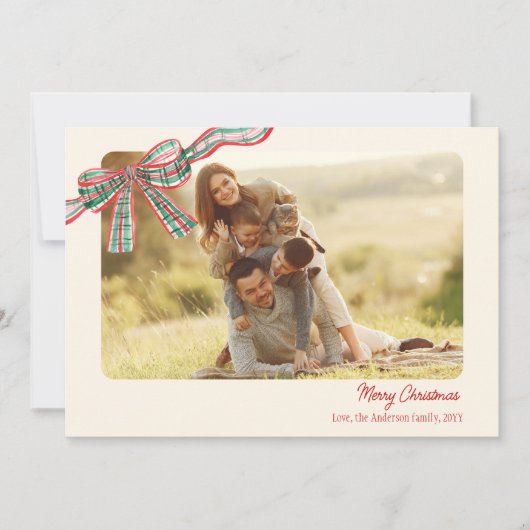 Bow素朴なクリスマス4写真の格子模様リボン シーズンカード (正面)