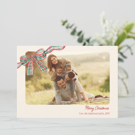 Bow素朴なクリスマス4写真の格子模様リボン シーズンカード (スタンド正面)