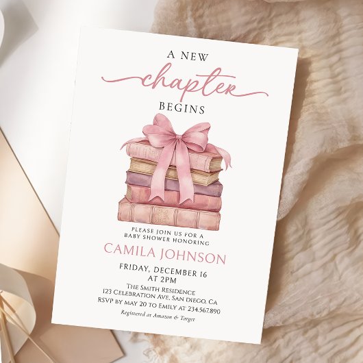 Bow A New Chapter Books Baby Shower Invitation 招待状