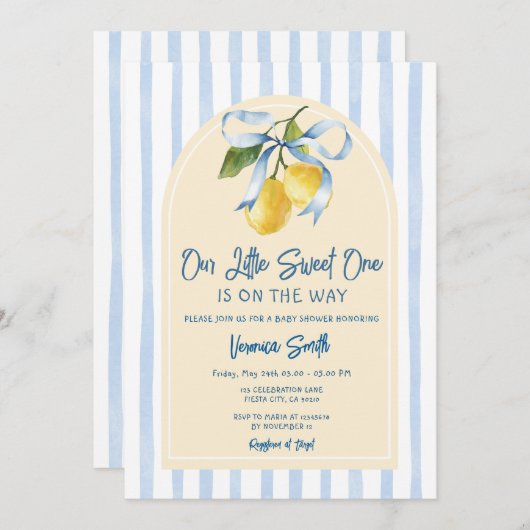 Bow A Sweet Little One Citrus Lemon Baby Shower 招待状 (正面/裏面)