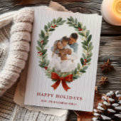 Bow and Greenery Oval Frame Holiday Photo Card 招待状