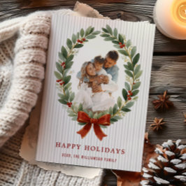 Bow and Greenery Oval Frame Holiday Photo Card 招待状