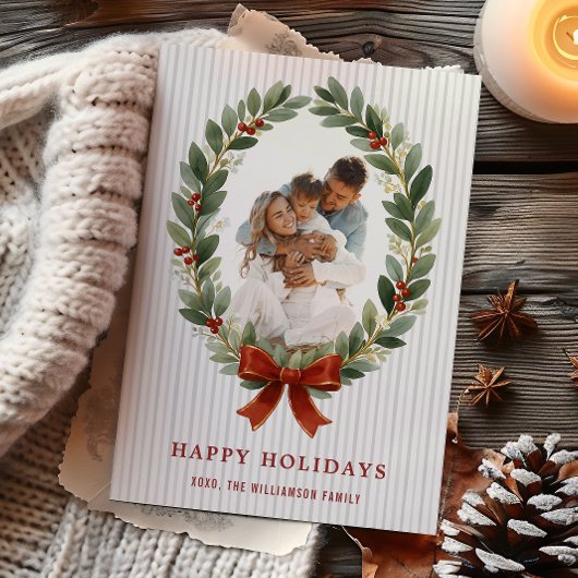 Bow and Greenery Oval Frame Holiday Photo Card 招待状