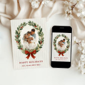 Bow and Greenery Oval Frame Holiday Photo Card 招待状