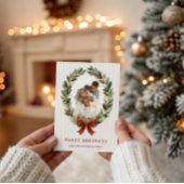 Bow and Greenery Oval Frame Holiday Photo Card 招待状