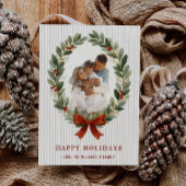 Bow and Greenery Oval Frame Holiday Photo Card 招待状