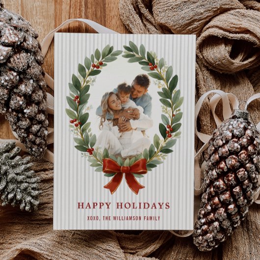 Bow and Greenery Oval Frame Holiday Photo Card 招待状