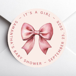 Bow Baby Shower Blush Pink & Red It's a Girl ラウンドシール