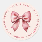 Bow Baby Shower Blush Pink & Red It's a Girl ラウンドシール (正面)