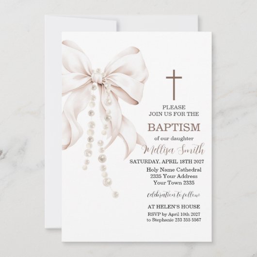 Bow Baptism Girl 招待状 (正面)