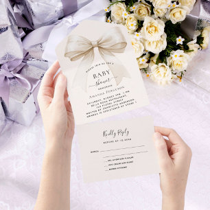 Bow beige cream 男女兼用 BABY Shower rsvp オールインワン招待状
