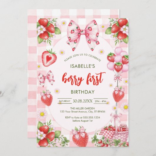 Bow Berry First Birthday 1st Birthday Invitation 招待状 (正面/裏面)