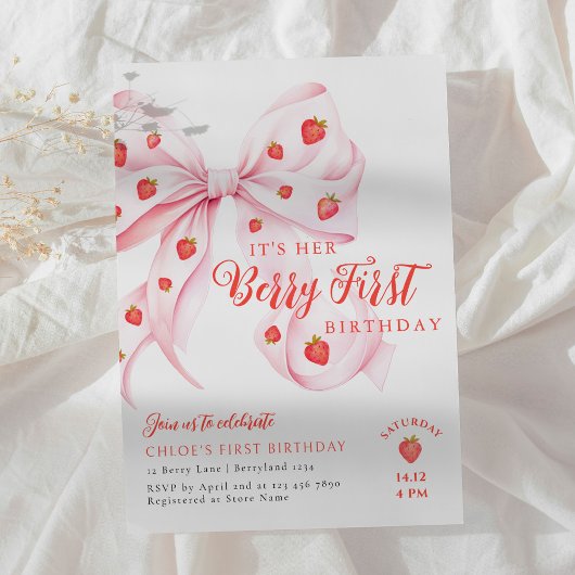 Bow Berry First Birthday Invitation 招待状