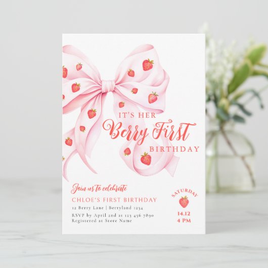 Bow Berry First Birthday Invitation 招待状 (スタンド正面)