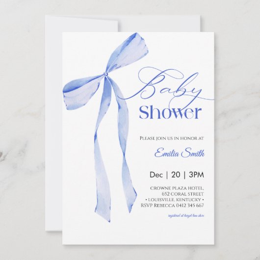  Bow Blue boy Baby shower 招待状 (正面)