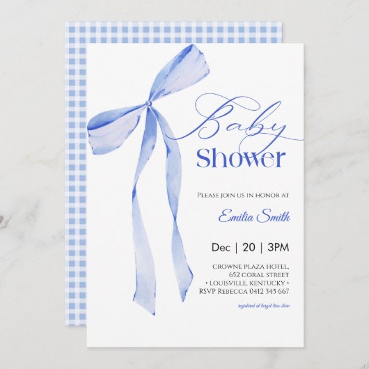 Bow Blue boy Baby shower 招待状 (正面/裏面)