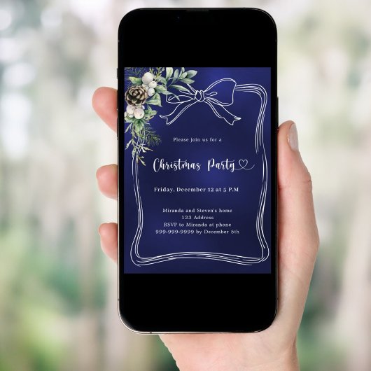 Bow blue pine greenery Christmas Party 招待状